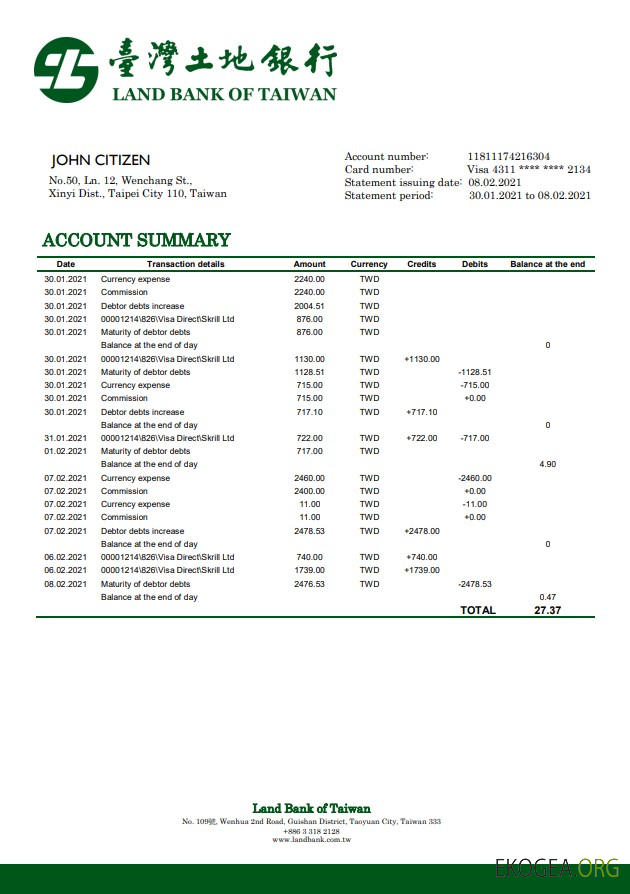 Modèle de relevé bancaire de la Taiwan Land Bank of Taiwan au format Word et PDF